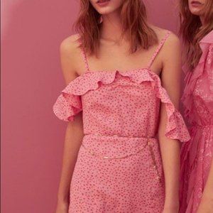 For Love & Lemons Aurora Ruffle Mini Dress in Pink Stars L New